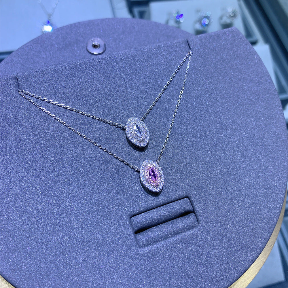 Eye Shape Pink Cubic Zirconia Halo Necklace In 925 Sterling Silver Marquise Center Stone Layered Pavé Pendant Necklace