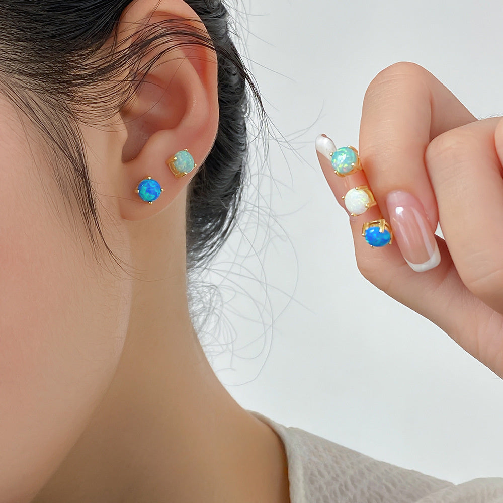 Geometric Four Prong Minimalist Delicate Round Blue White Green Opal S925 Sterling Silver Stud Earrings