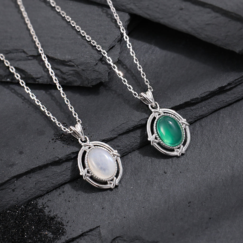 Elegant Geometric Oval Natural Moonstone and Green Agate 925 Sterling Silver Necklace for Women with Adjustable Chain