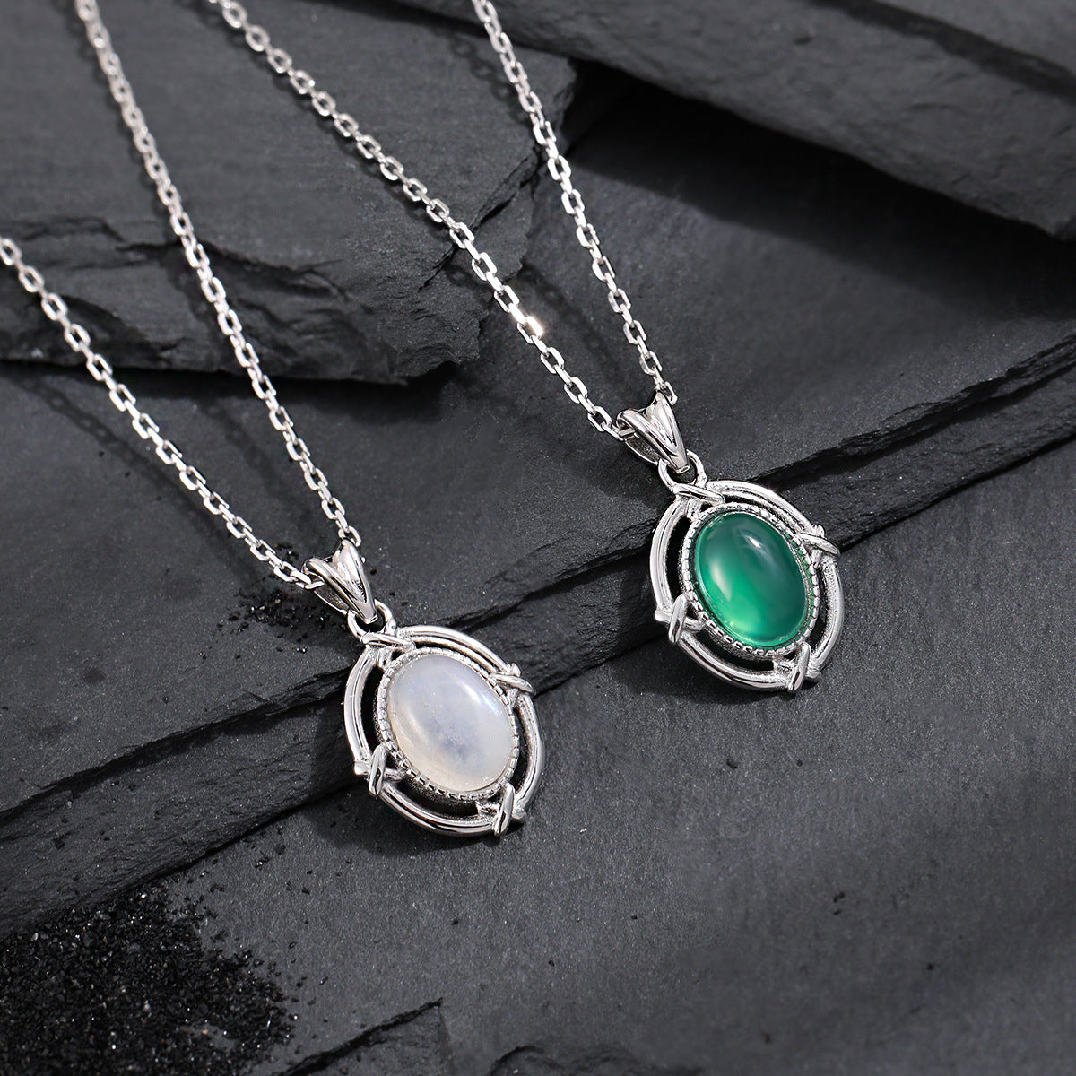 Elegant Geometric Oval Natural Moonstone and Green Agate 925 Sterling Silver Necklace for Women with Adjustable Chain