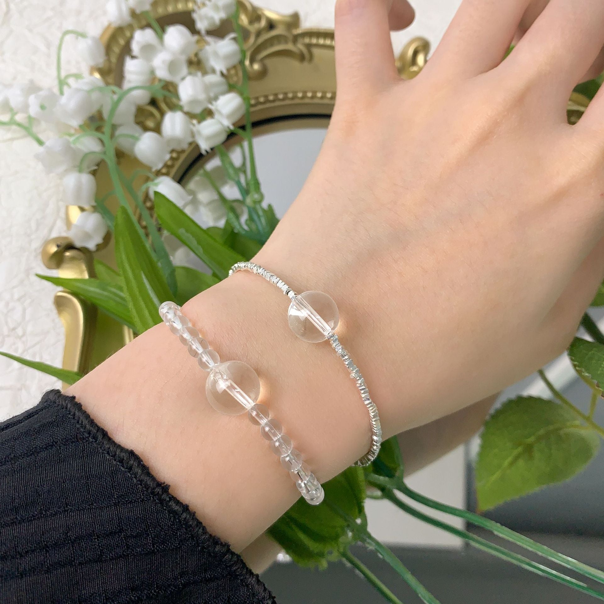 Simple Natural Transparent Crystal Broken 925 Sterling Silver Bracelet