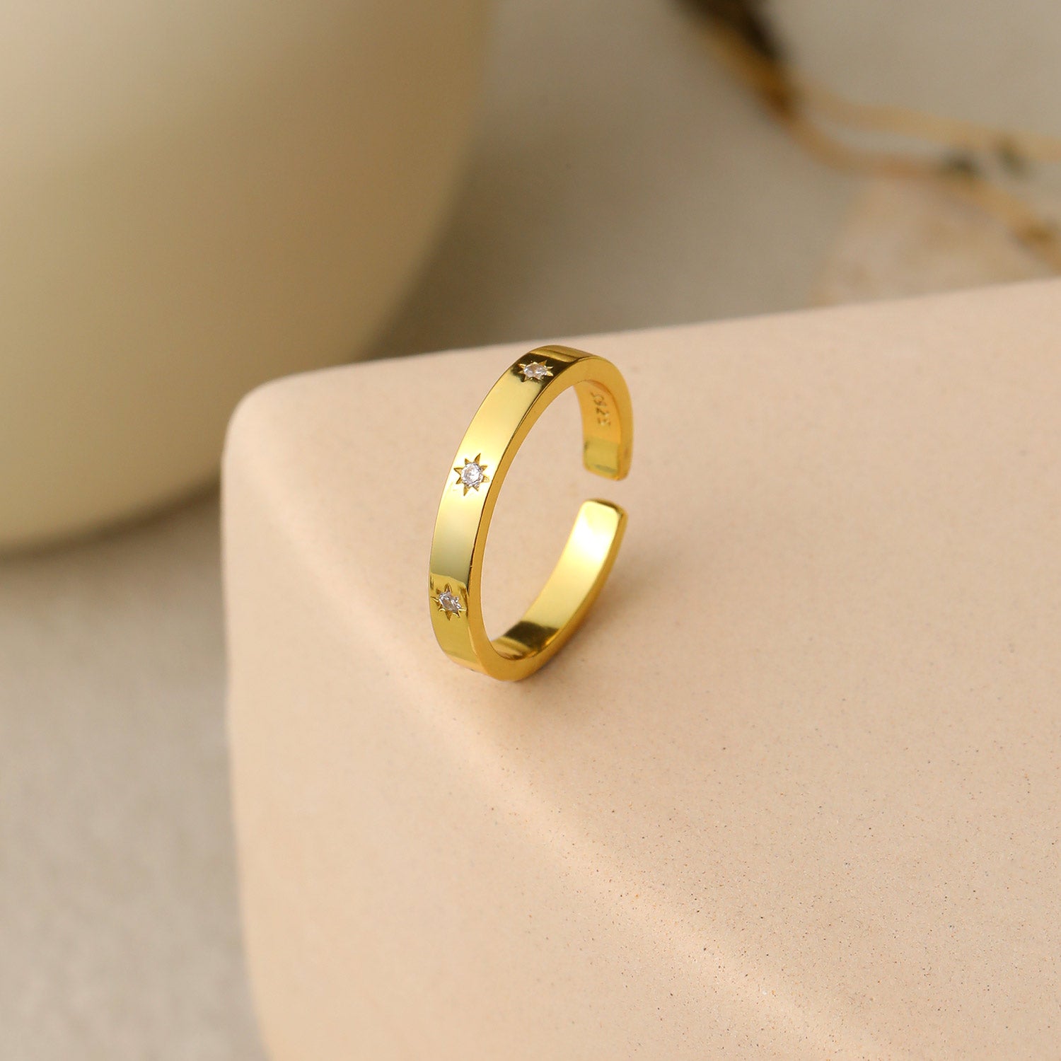 Minimalism CZ Golden 925 Sterling Silver Adjustable Ring