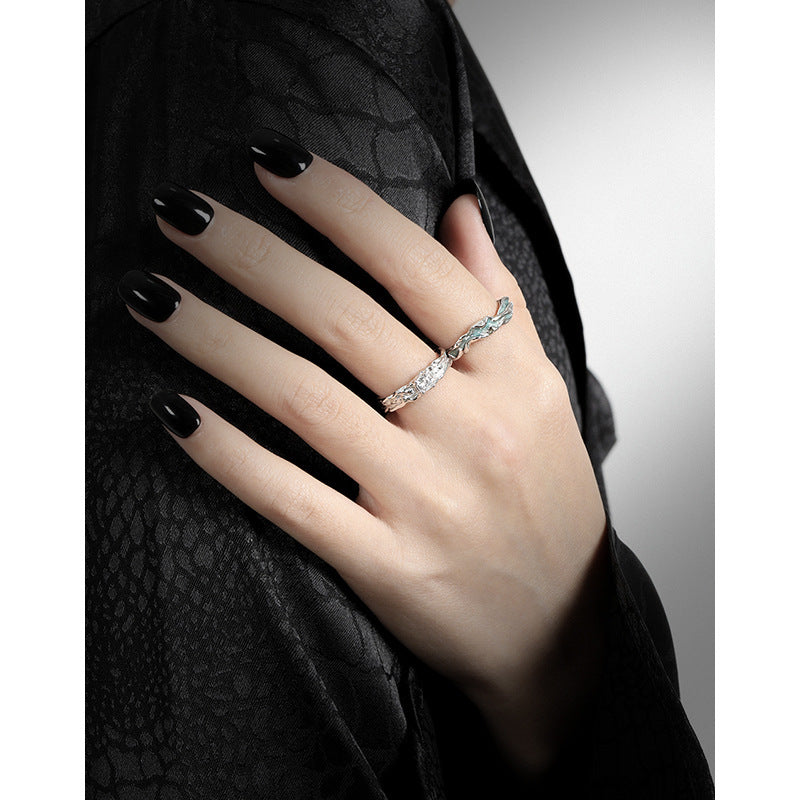 Irregular Wavy Texture Aqua Green Epoxy S925 Sterling Silver Adjustable Open Ring