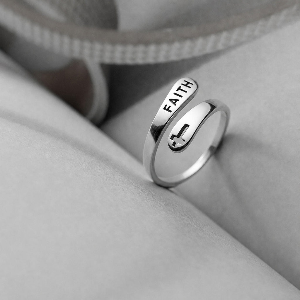 Vintage Faith Letter Cross S925 Sterling Silver Antique Oxide Geometric  Open Adjustable Ring