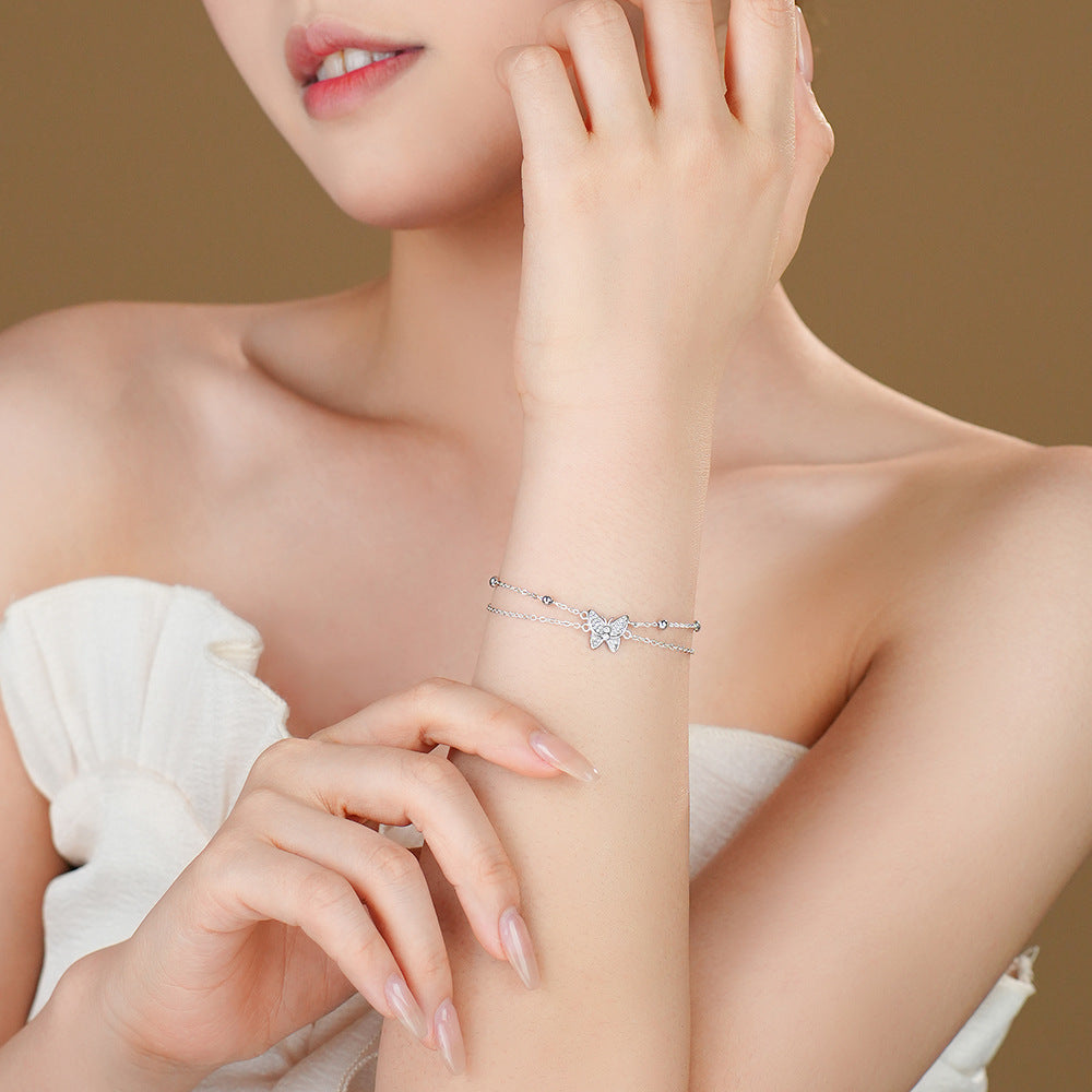 Women Double Layers Micro Setting CZ Butterful 925 Sterling Silver Bracelet