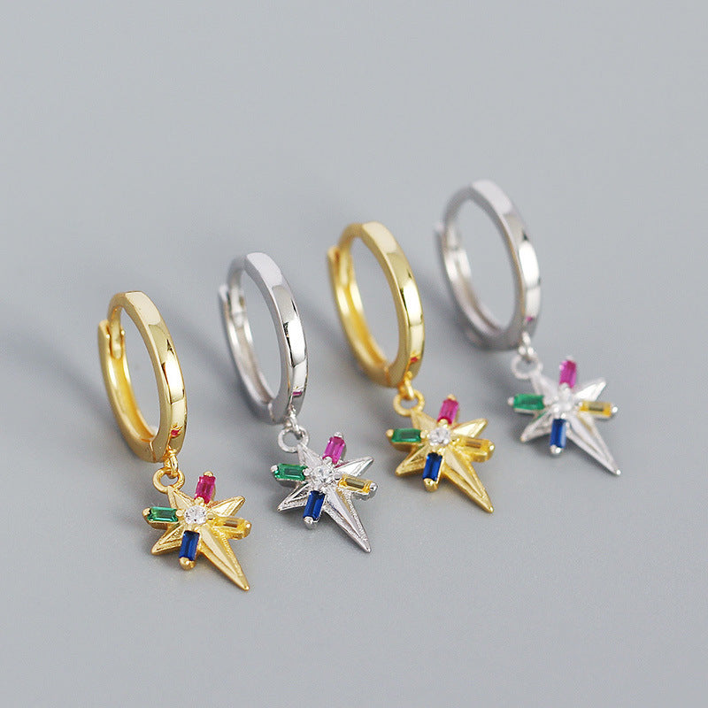 Colorful CZ Octagonal Star Simple 925 Sterling Silver Hoop Earrings