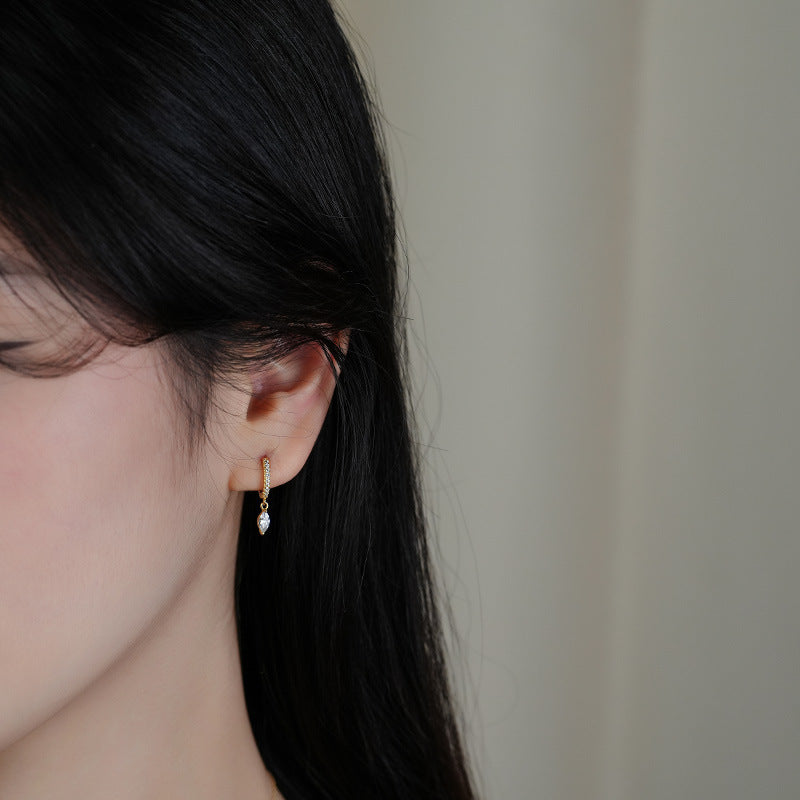 Minimalist Geometric Water Drop Cubic Zirconia 925 Sterling Silver Hoop Earrings