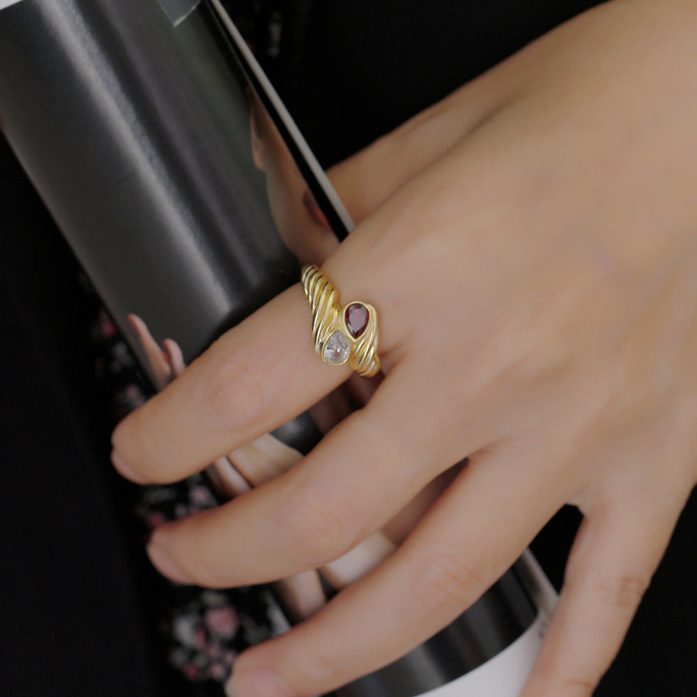Fashion Twisted Pattern Red White Waterdrop CZ 925 Sterling Silver Adjustable Ring
