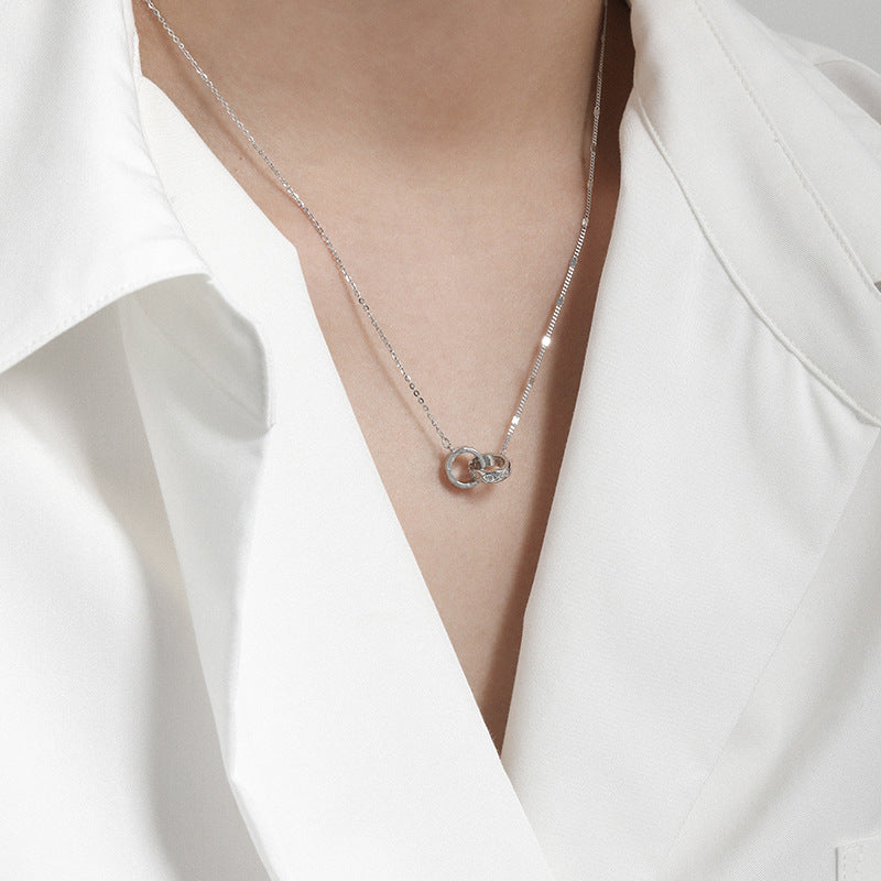 Geometric Double Interlocking Ring Cubic Zirconia S925 Sterling Silver Necklace