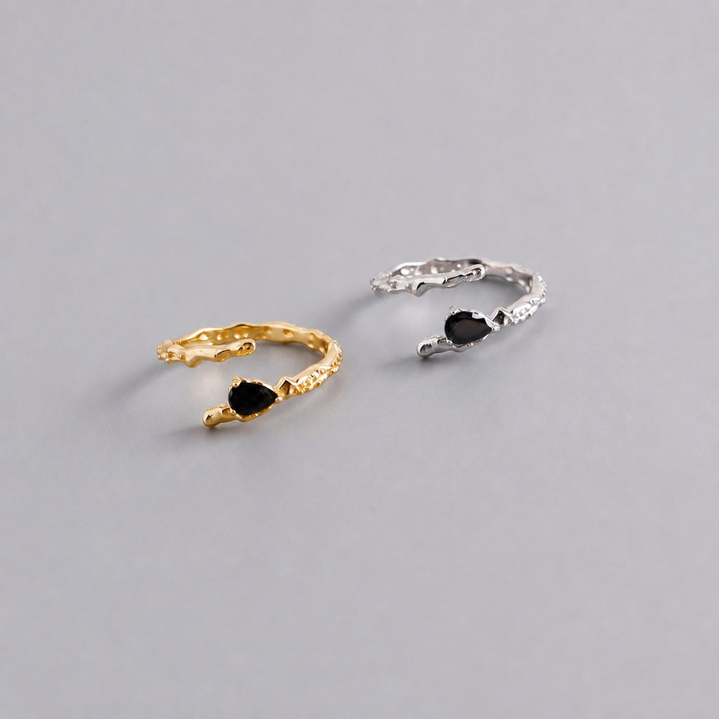 Black Teardrop Shaped Cubic Zirconia  Irregular Textured Wave Design  925 Sterling Silver Ring