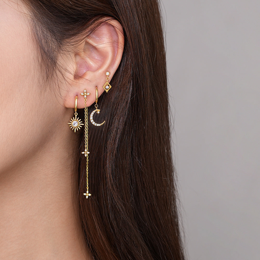 Beautiful Gold CZ Crescent Moon Sunshine Star 925 Sterling Silver Dangling Earrings