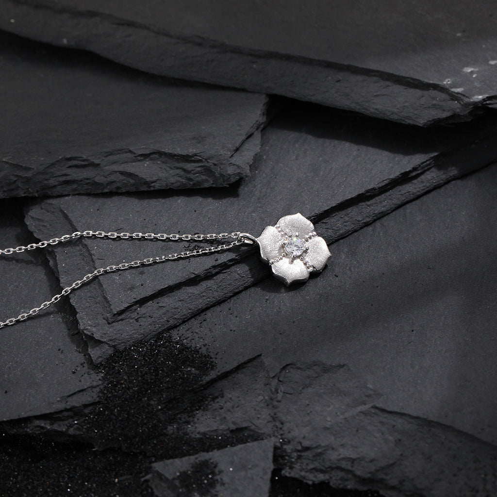 Cubic Zirconia Brushed Five Petal Flower 925 Sterling Silver Minimalist Collarbone Chain Necklace
