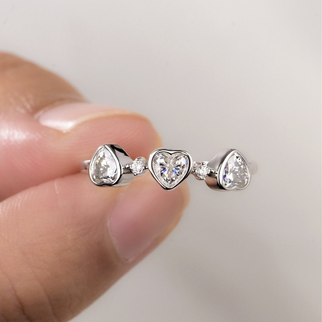 Heart Three Stone Moissanite 925 Sterling Silver Ring