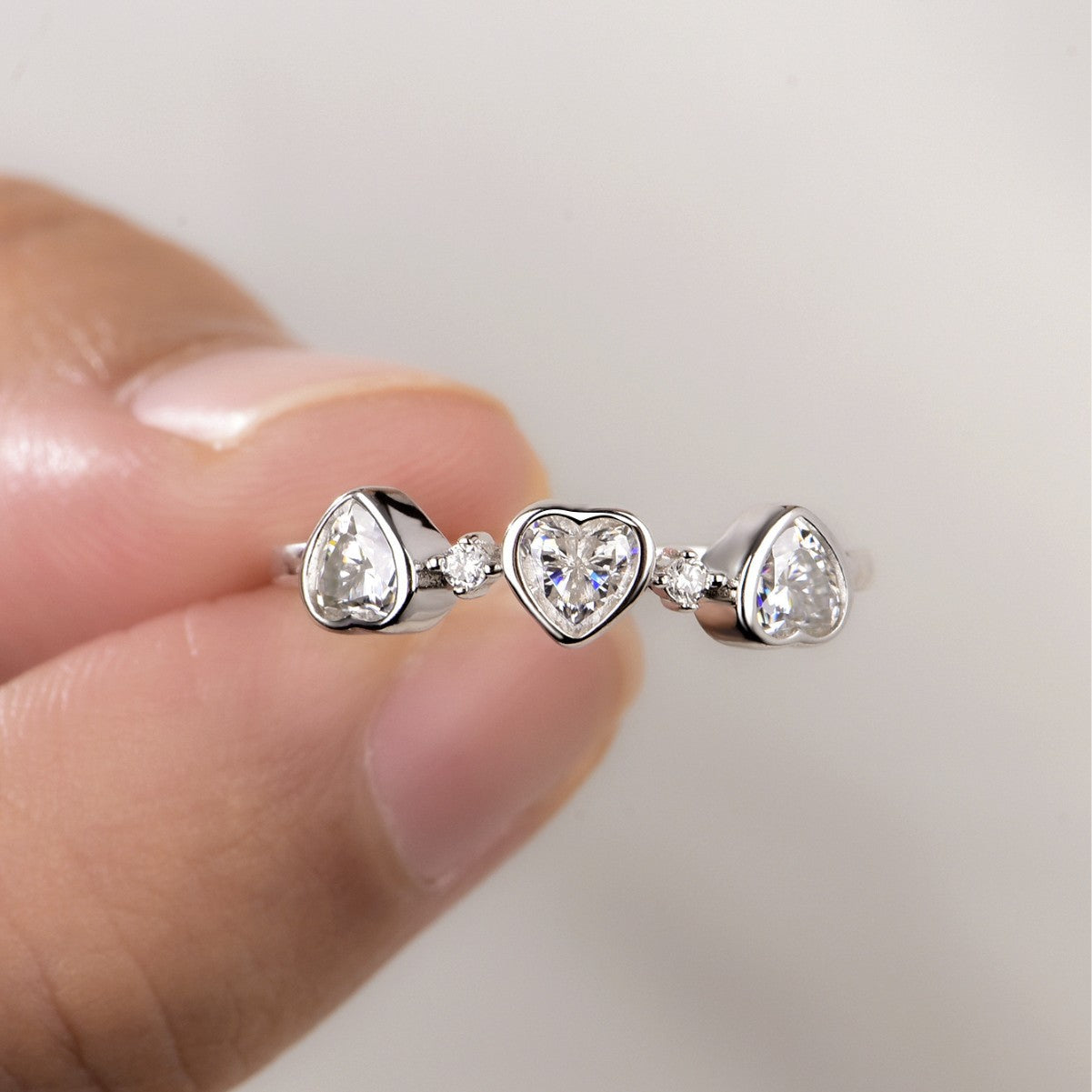 Heart Three Stone Moissanite 925 Sterling Silver Ring