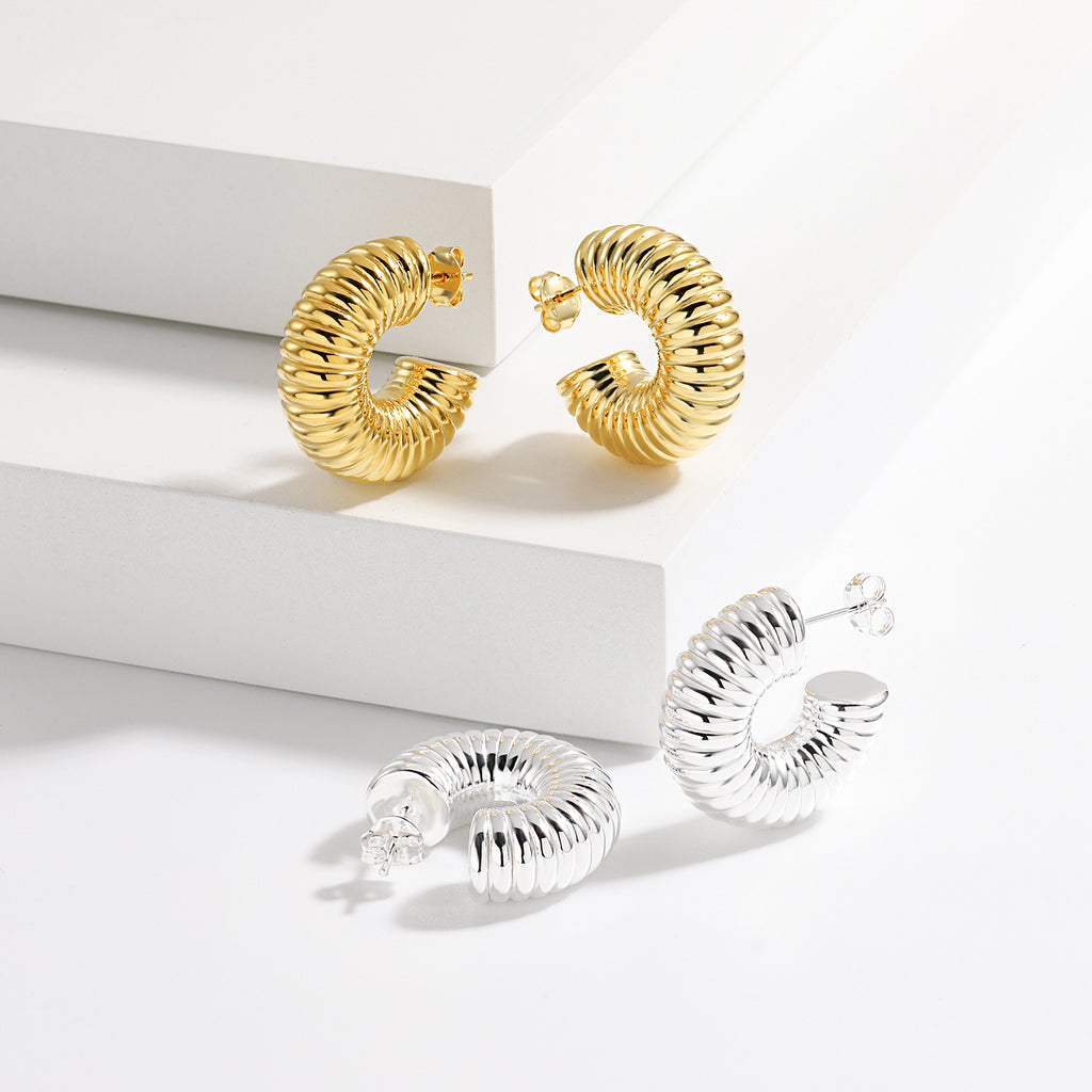 Fashion Letter C Shape Spring 999 Sterling Silver Electroforming Stud Earrings