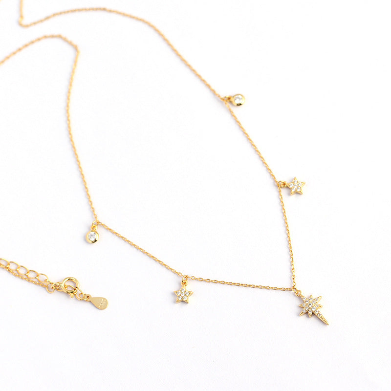 Celestial North Star And Five Point Star Cubic Zirconia 925 Sterling Silver Station Chain Necklace