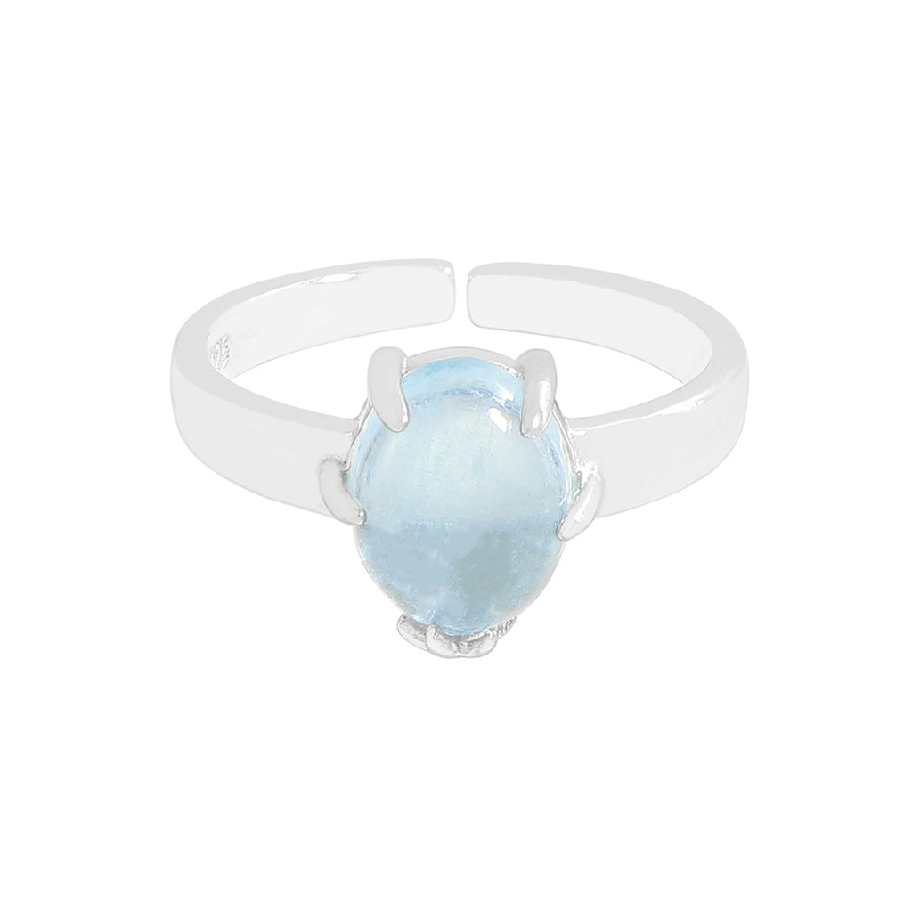 Women Simple Oval Natural Aquamarine 925 Sterling Silver Adjustable Ring