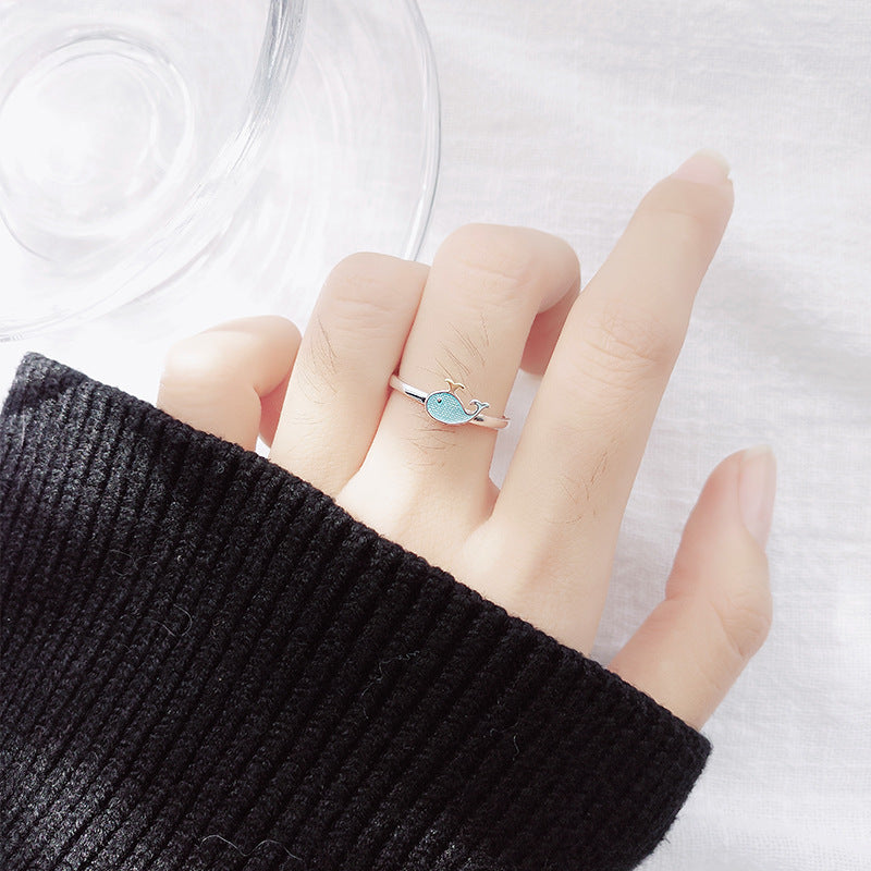 Cute Blue Enamel Whale Mini Delicate Ring In S925 Sterling Silver Adjustable Open Ring