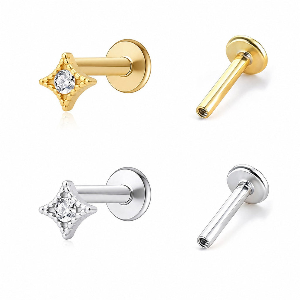 Geometric Four Point Star Cubic Zirconia 925 Sterling Silver Flat Back Internal Thread Ear Stud Earring(Single)