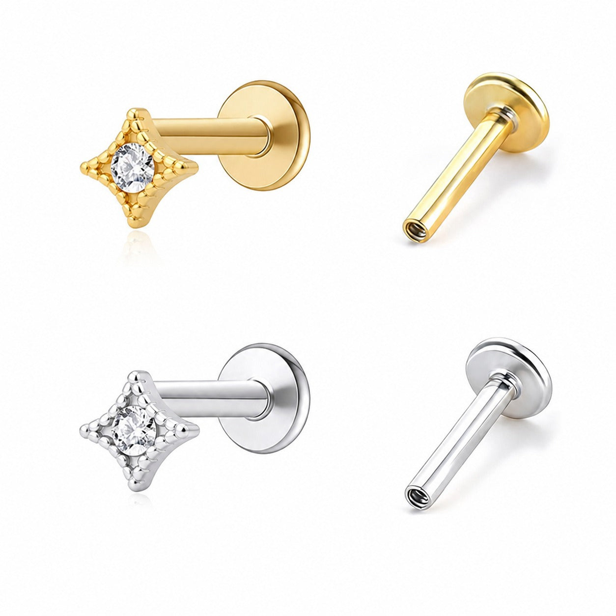 Geometric Four Point Star Cubic Zirconia 925 Sterling Silver Flat Back Internal Thread Ear Stud Earring(Single)
