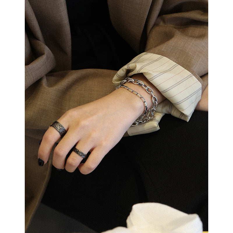 Vintage Silver Geometric Block Link Chain S925 Sterling Silver Adjustable Bracelet