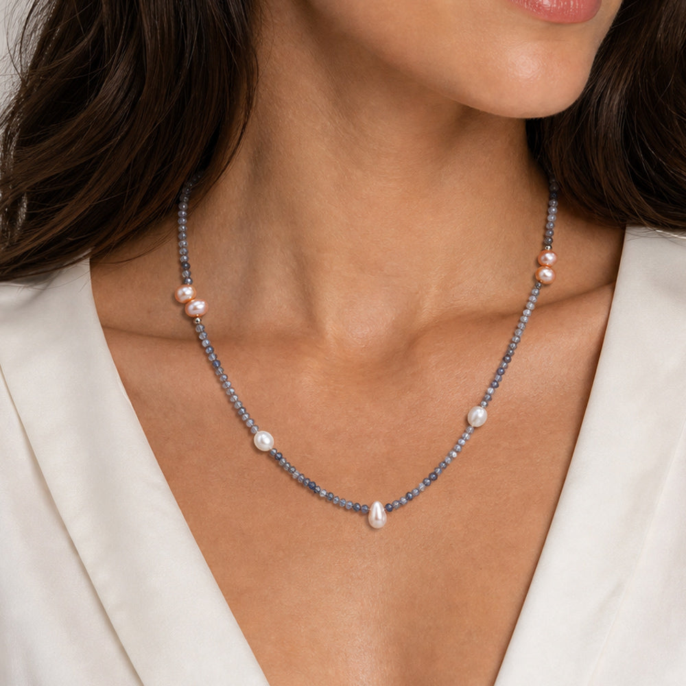 Soft Pastel Pink White Irregular Baroque Pearl Natural Grey Gemstone Beaded Strand 925 Sterling Silver Necklace