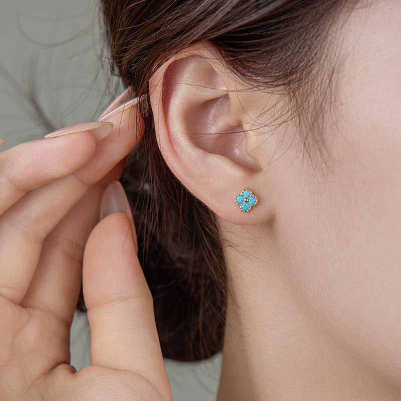 Retro Four Leaf Clover Shaped Turquoise 925 Silver Earring