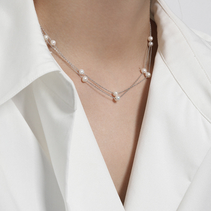 Double Layer Freshwater Pearl S925 Sterling Silver Geometric Chain Necklace