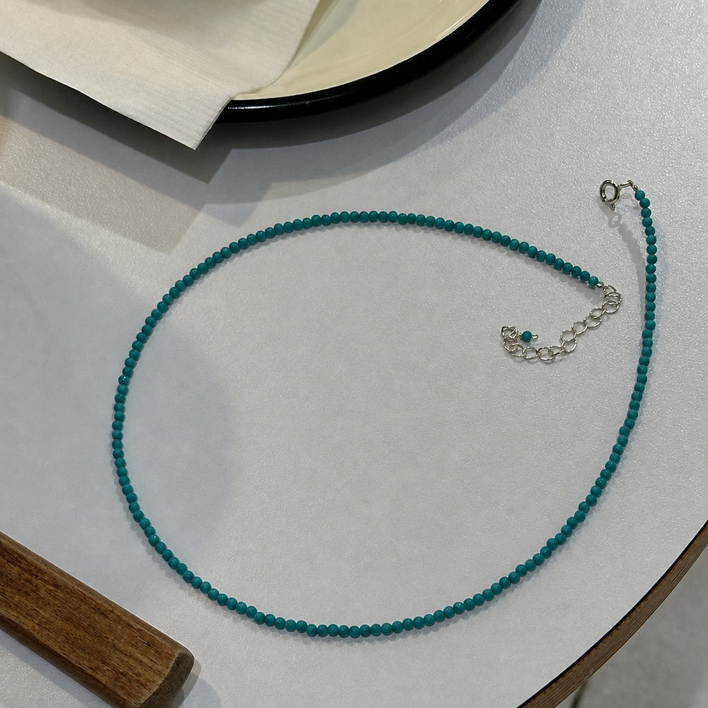 Natural Stone Blue Green Round Beads Set in 925 Sterling Silver Necklace
