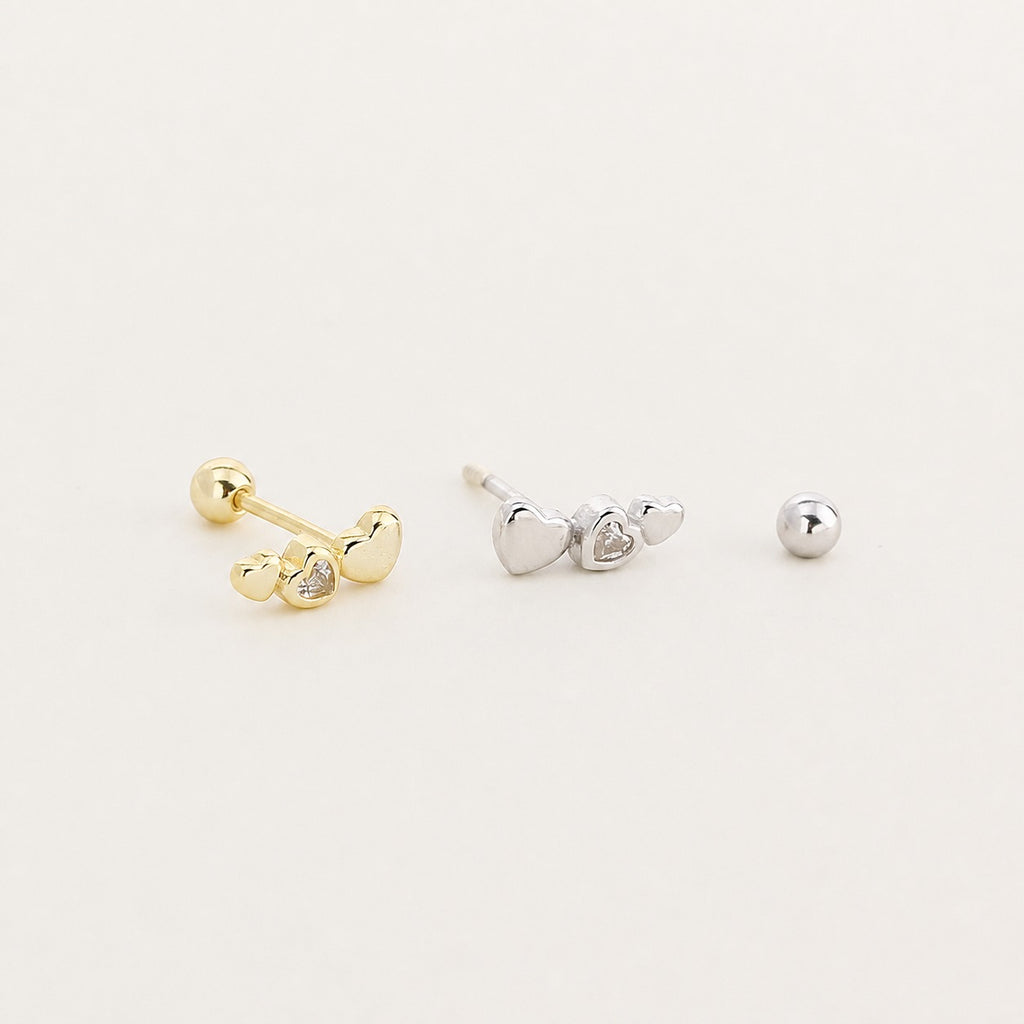 Modern Minimalist Daily Wear Mini Triple Heart Cubic Zirconia S925 Silver Screw Back Ear Stud Earrings