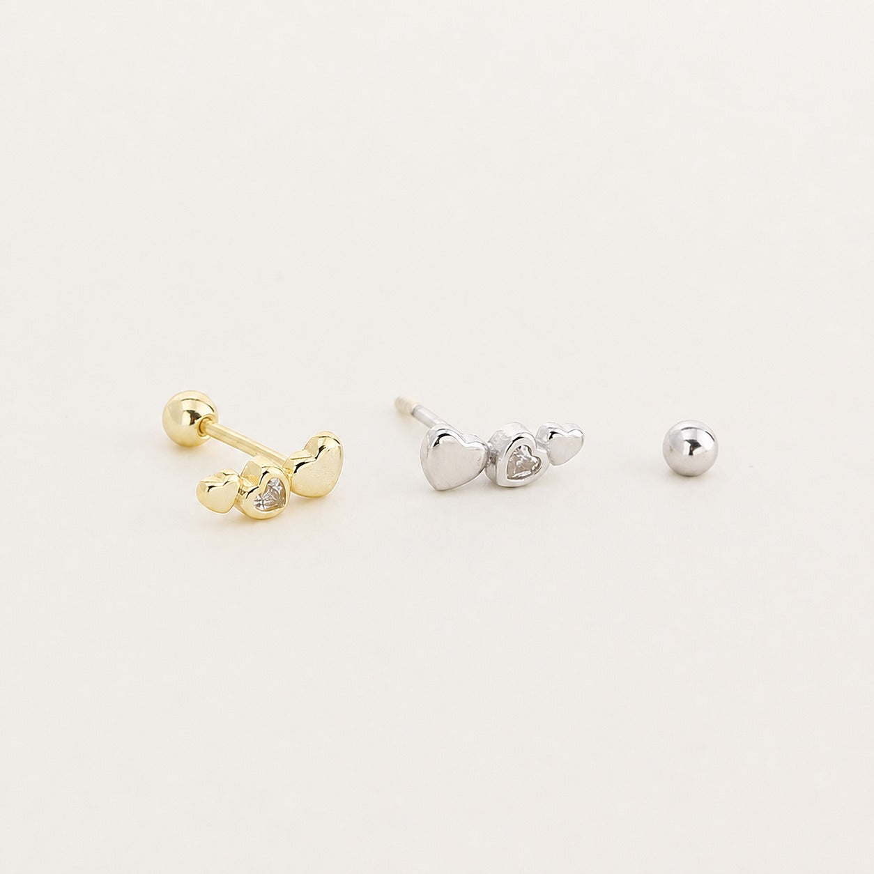 Modern Minimalist Daily Wear Mini Triple Heart Cubic Zirconia S925 Silver Screw Back Ear Stud Earrings