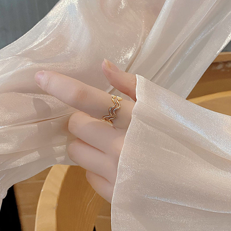 Double Layer Wave Design Women Fashion Geometric Minimalist Open Band Adjustable 925 Sterling Silver Ring