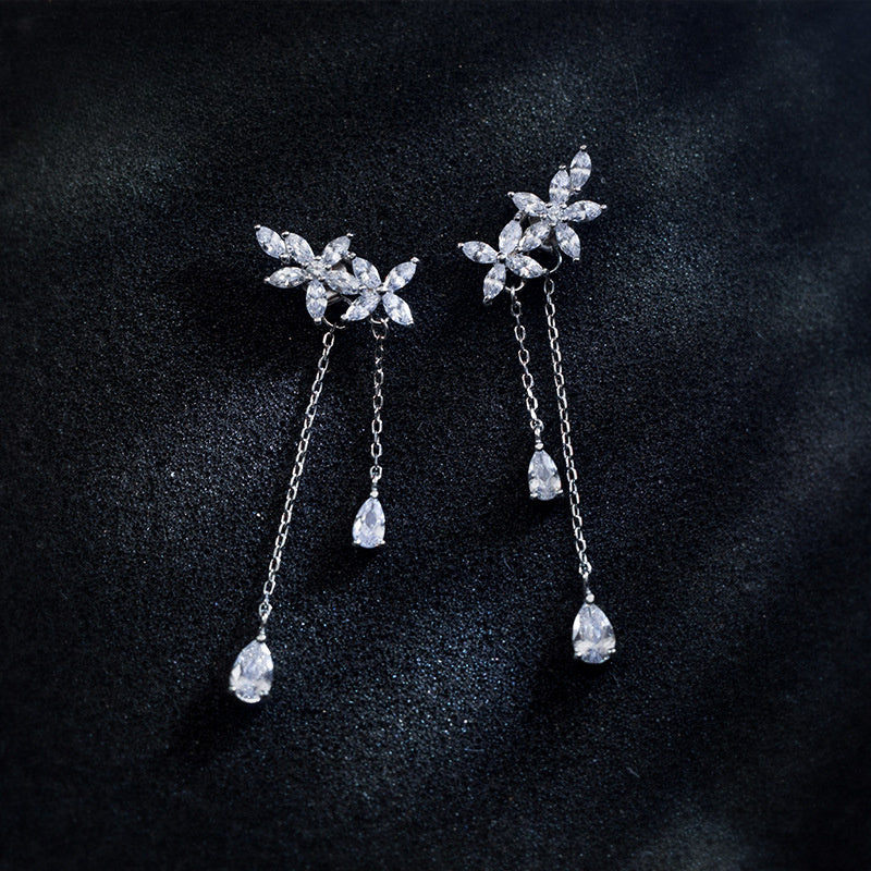 Five Petal Flower Marquise Leaf Teardrop Tassel Cubic Zirconia S925 Silver Dangle Earrings