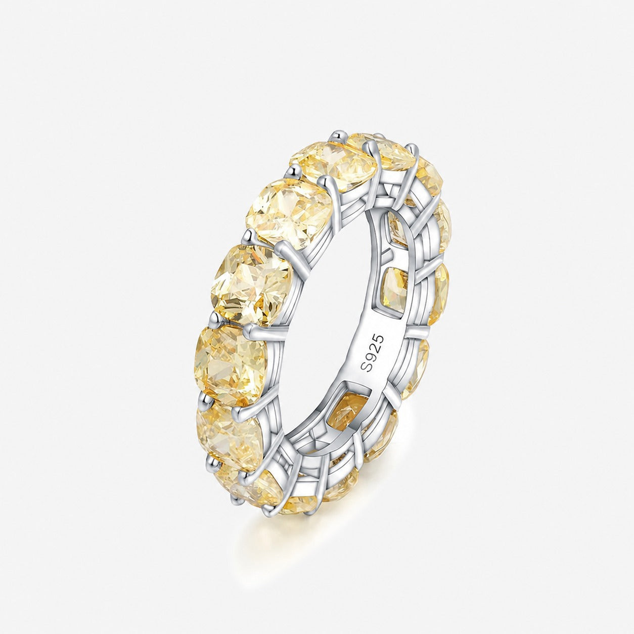 Light Yellow Cushion-Cut Zirconia Full-Band Eternity 925 Sterling Silver Ring