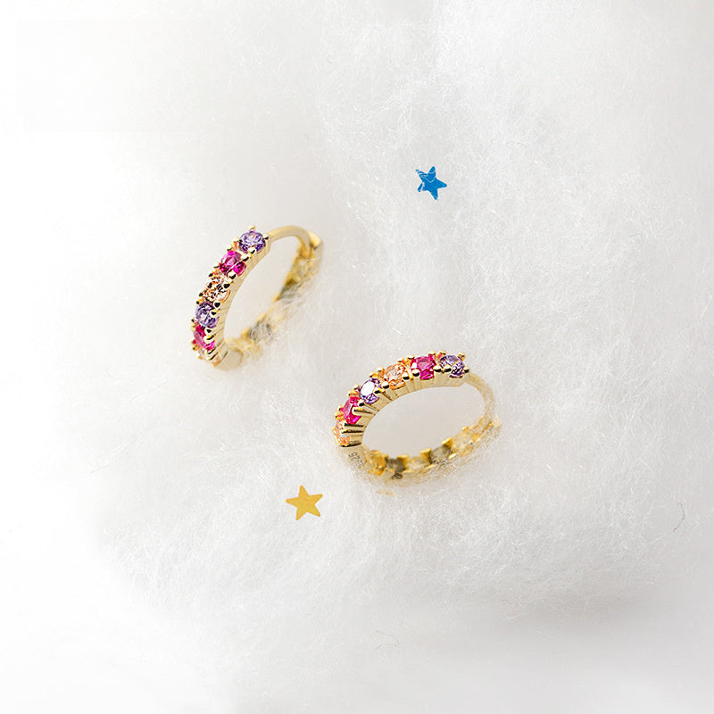 Multicolor Pink Purple Clear Cubic Zirconia S925 Sterling Silver Delicate Short Huggie Earrings