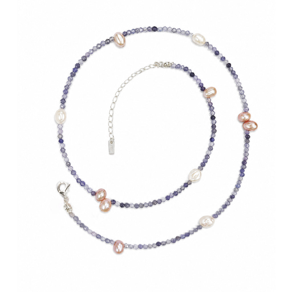 Soft Pastel Pink White Irregular Baroque Pearl Natural Grey Gemstone Beaded Strand 925 Sterling Silver Necklace