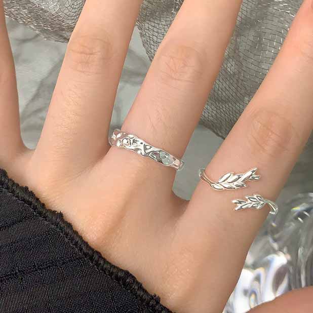 Women Irregular Wheat Ears Leaves 925 Sterling Silver Adjustable Ring