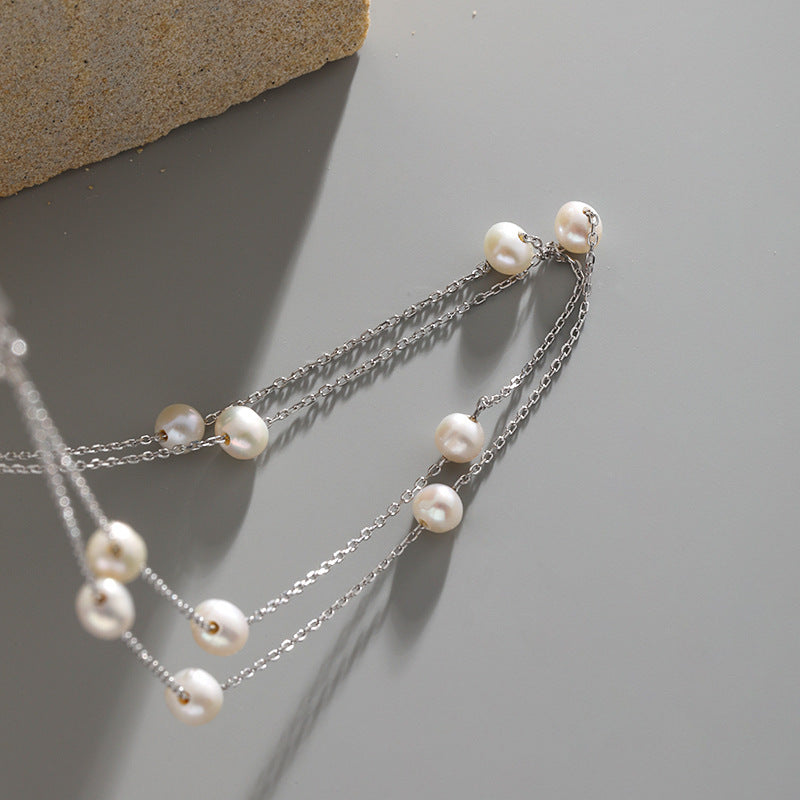 Double Layer Freshwater Pearl S925 Sterling Silver Geometric Chain Necklace