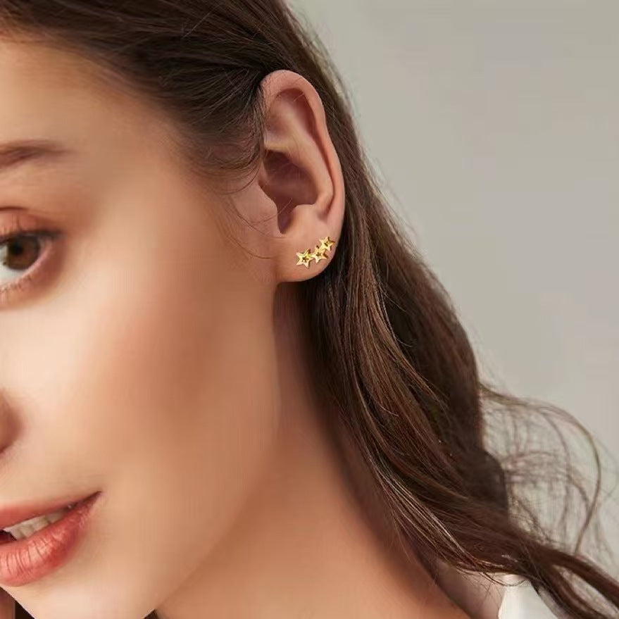 Lady Girl Three Hollow Stars 925 Sterling Silver Stud Earrings