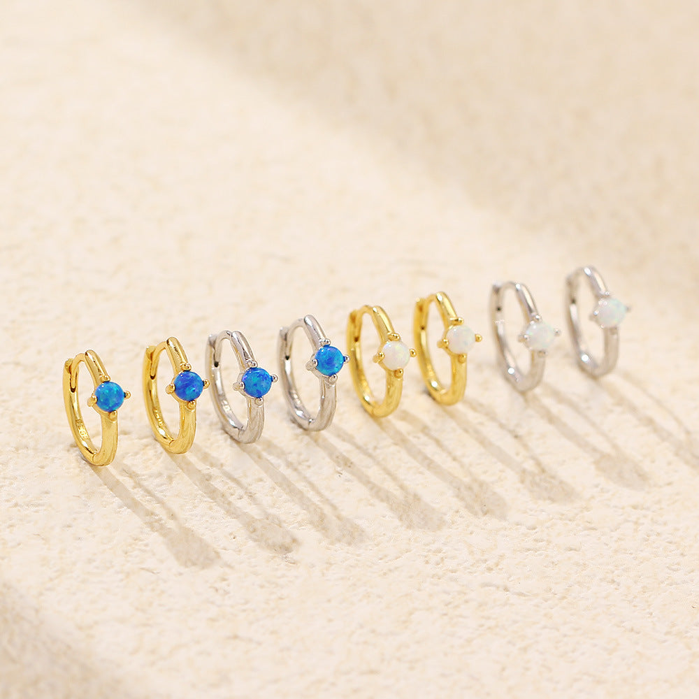 Graduation Simple Round Natural Opal 925 Sterling Silver Hoop Earrings
