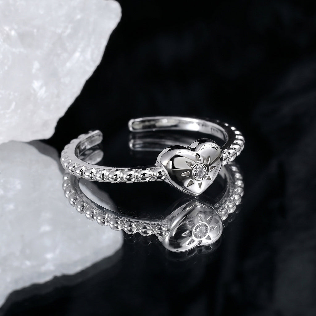 Heart Sunburst Cubic Zirconia 925 Sterling Silver Women Minimalist Beaded Band Open Ring