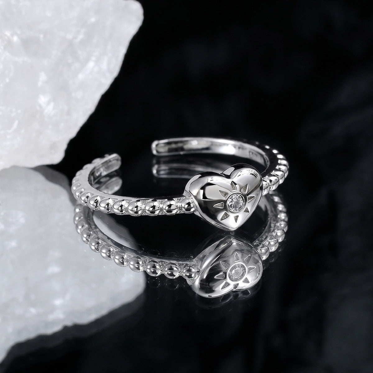 Heart Sunburst Cubic Zirconia 925 Sterling Silver Women Minimalist Beaded Band Open Ring