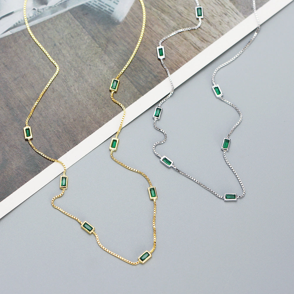 Mini Delicate Green Rectangular Stone 925 Sterling Silver Station Chain Simple Layered Clavicle Necklace