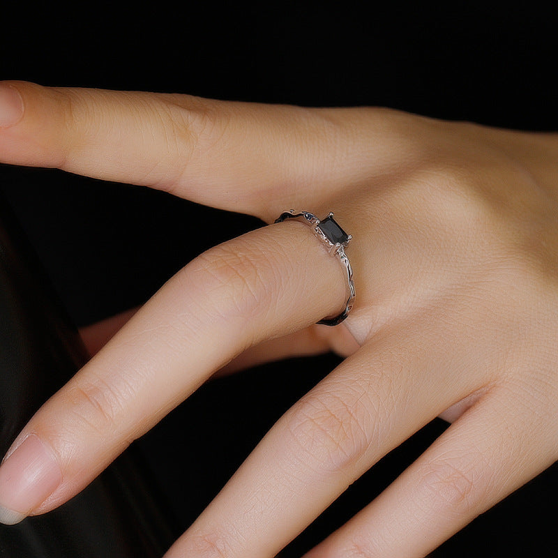Black Rectangular Textured Irregular Adjustable 925 Sterling Silver Ring