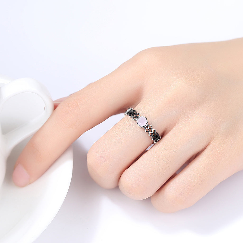 Vintage Hollow Created Rose Quartz 925 Sterling Silver Adjustable Ring