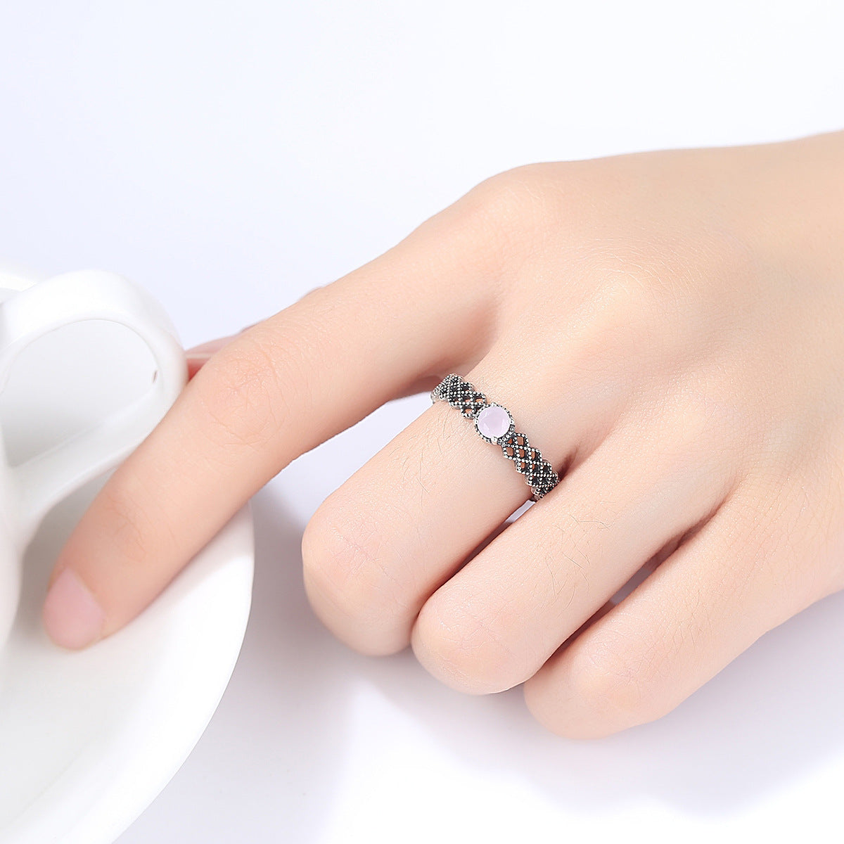 Vintage Hollow Created Rose Quartz 925 Sterling Silver Adjustable Ring
