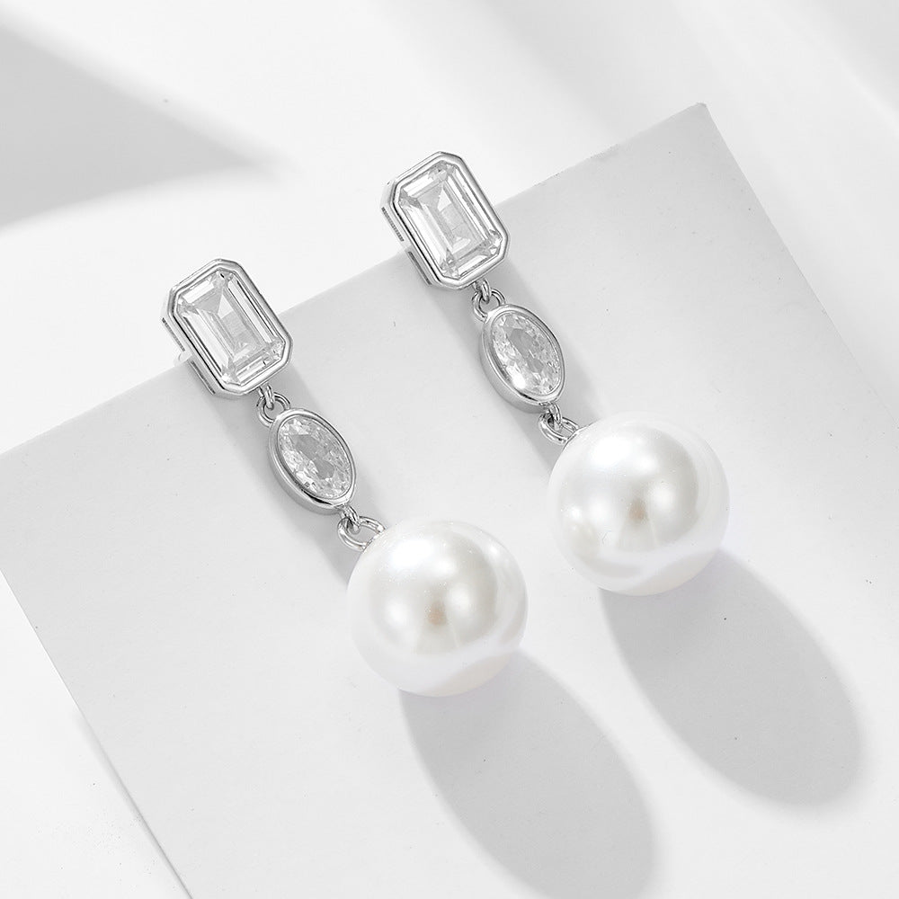 Fashion Jewelry Elegant Geometric Design Pearl   925 Sterling Silver Cubic Zirconia Drop Earrings