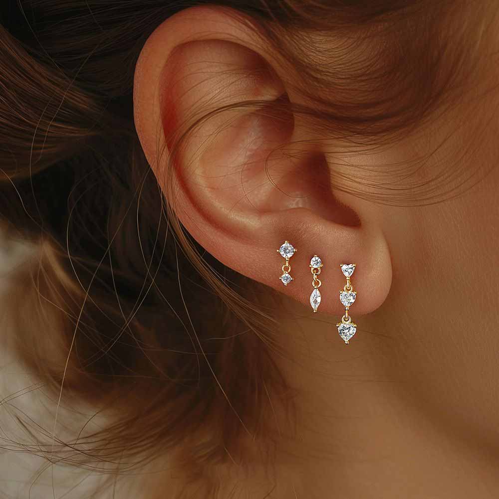 Fashion Golden Round Waterdrop Heart CZ Tassels 925 Sterling Silver Dangling Earrings