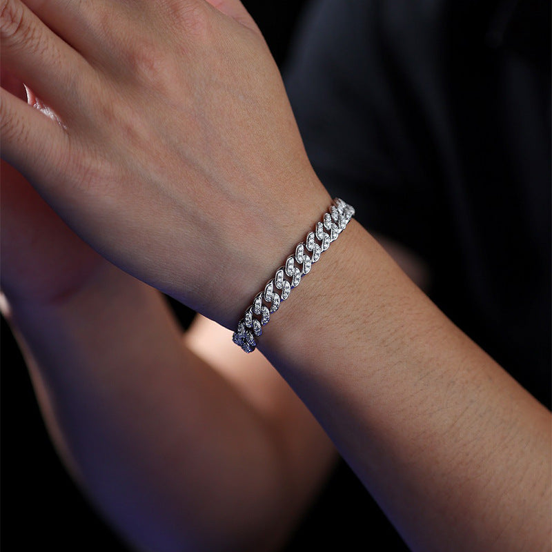 Geometric Cuban Link Moissanite Bracelet 8mm 925 Sterling Silver Full Pave Round Stone Hip Hop Chain Bracelet