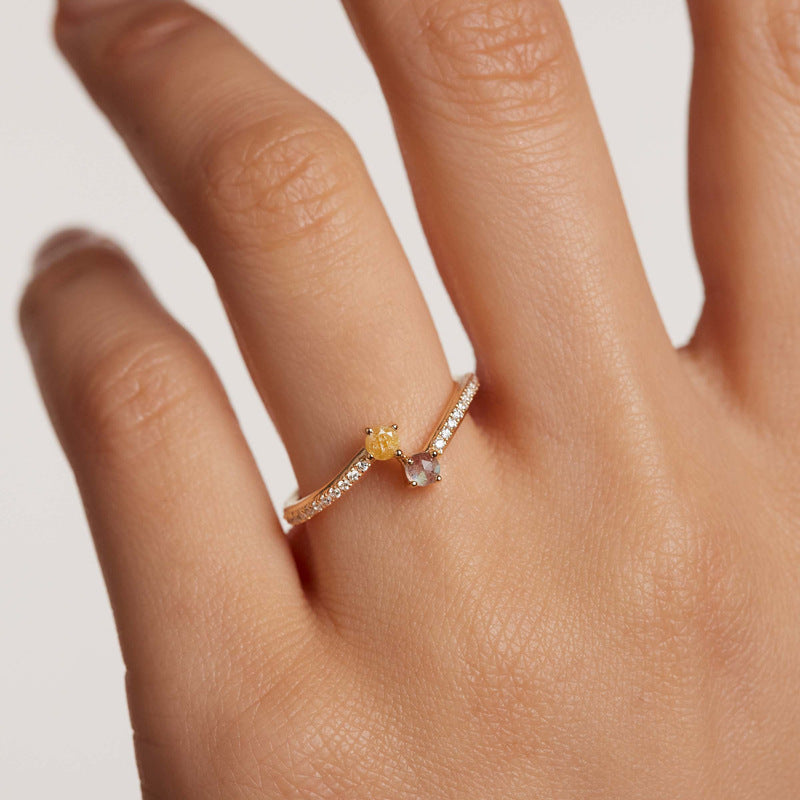 Cubic Zirconia Open Adjustable Ring 925 Sterling Silver Minimalist Pave Band Dual Round Stone Fashion Ring